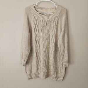 LL Bean Cable Knit Sweater XL Tan Cotton Crewneck Preppy Fisherman